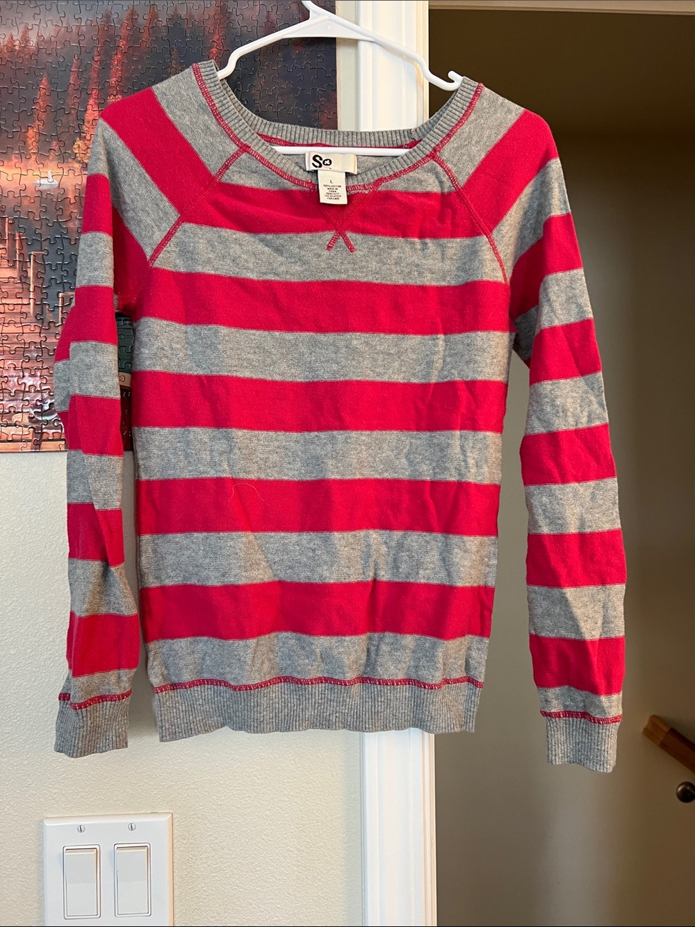 SO Striped Red and Gray Crewneck Sweater